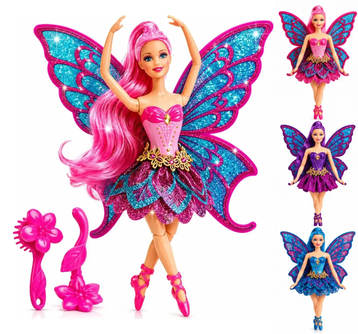 Boneca Bailarina Fada Princesa Articulada Ballet Com Asas Brilhantes Grande 30cm Colorida com Acessorios - Petite Flô