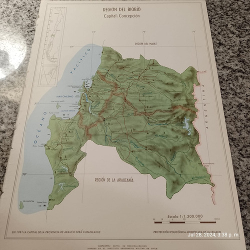 Mapa Región Del Biobio 34x25cm. Imp. 1976 (Usado)