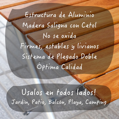 Mesa Plegable Aluminio Madera 84x75 + 2 Bancos Largos Jardin