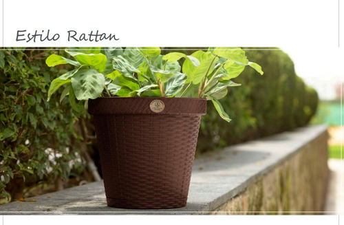 Maceta Redonda Con Plato Rattan 20 Cm Plastico Kit De 3