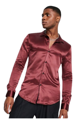 Camisas Slim Fit Modelo Satinado Moda Hombre Vino Algodón Satinado M