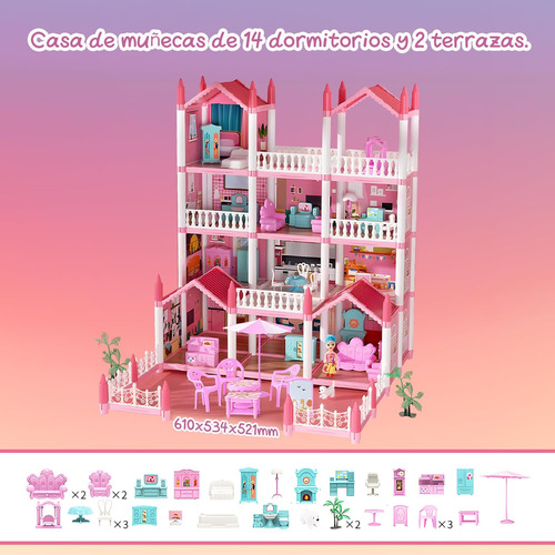 Casa De Muñecas Grande Con Muebles, 14 Cuarto,2 Muñecas,ros