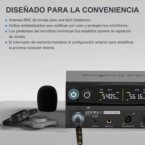 Sistema De Micrófono Inalámbrico Dual Uhf Phenyx Pro Ptu-52 Color Negro