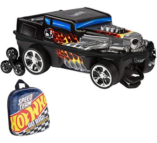 Mochila Hot Wheels 3d Com Rodinhas E Lancheira Bone Shaker Cor Preto Desenho do tecido Carro da Hot Wheels