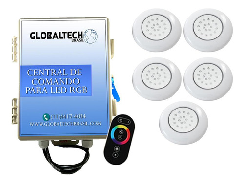 Kit 5 Led Piscina Abs Rgb 18w + Central + Controle Touch Enc