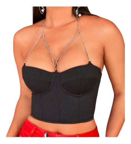 Crop Top Con Cadenas De Tirantes Negro