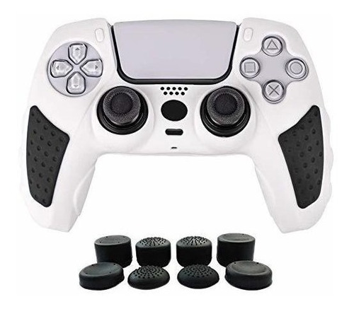   Funda + 8 Grips Para Control Playstation 5 Blanco-negro