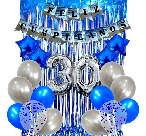 Combo Globos Cumpleaños Perlados Cristal Confeti  Plata Azul