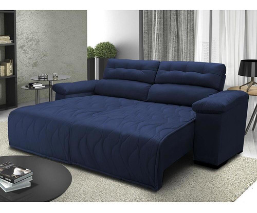Sofá 2,12m Retrátil E Reclinável Cama Inbox Top Azul Desenho Do Tecido Liso