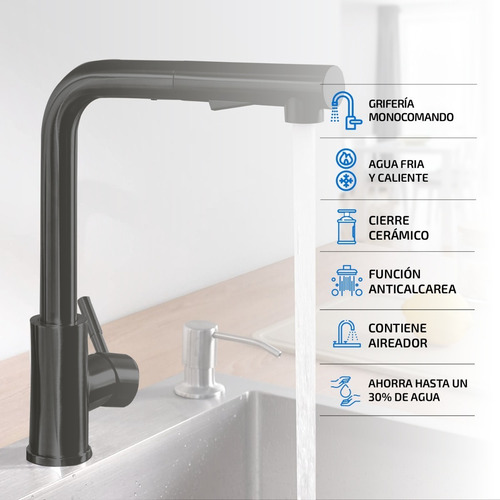 Imagen 2 de 10 de Griferia Monocomando Para Cocina Extensible Canilla De Acero