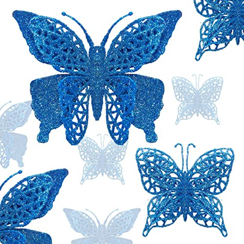 16 Adornos Navideños De Mariposas Brillantes Azul Real