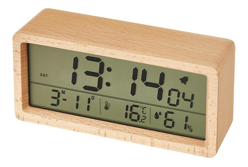 Reloj Despertador De Madera Temperatura 12/24 Horas Pantalla