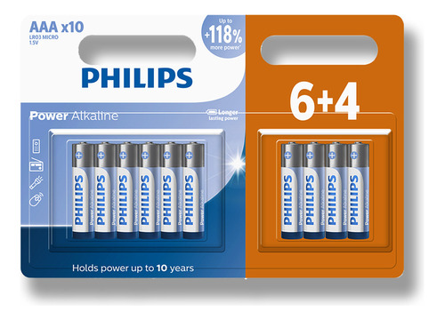 10 Pilhas Bateria AAA Alcalina Philips 3A Palito 1 Cartela