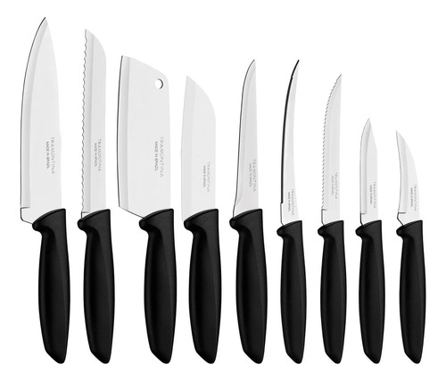 Juego de cuchillos Plenus de 9 piezas con hojas de acero inoxidable y mangos de polipropileno negro - Tramontina