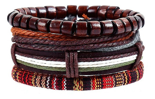 Imagen 2 de 5 de Set De 4 Pulseras De Cuero Madera Y Tela