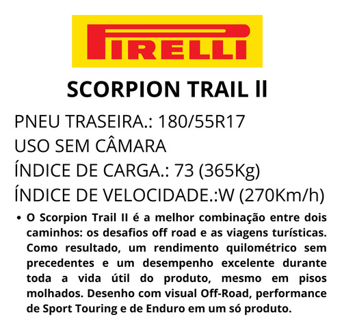Pneu Tras Moto 180/55r17 73w Scorpion Trail 2 Sem Câmara