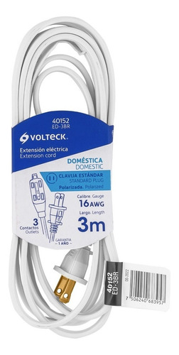 Extensión Doméstica 3m Con Clavija Recta, Volteck 40152