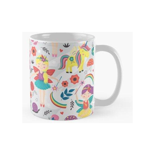 Taza Hadas Y Unicornios Lindos Y Coloridos En Gris Para Niña