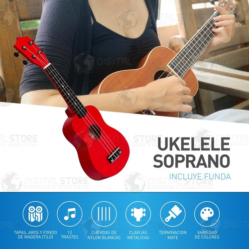 Ukelele Soprano De Madera + Funda + Cuerda + Pua + Colores