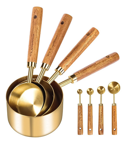 Juego De 8 Tazas Y Cucharas Medidoras, Mango De Madera Con S