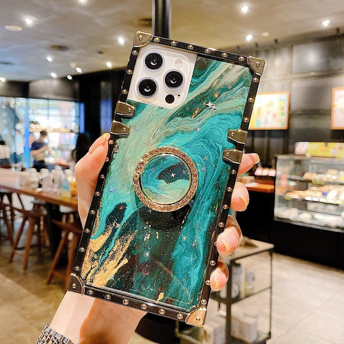 Funda Mármol Cuadro Brillo Sujetador Para iPhone Samsung + Mica + Funda De Obsequio Para Distinto O Mismo Modelo + Protectores De Cable.