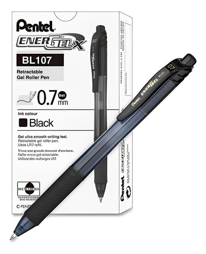12 Boligrafo Retractil Pentel Energel Bl107 Tinta Gel 0.7mm Color de la tinta Negro