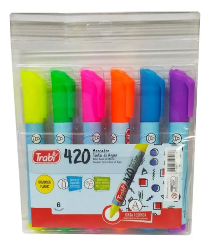 Marcador Resaltador Trabi 420 Fluor Pack X 6 Colores Al Agua