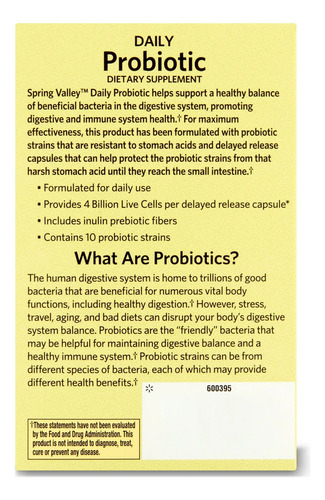 Spring Valley Probioticos 4 Billones Con 30 Capsulas 10cepas Sabor Neutro