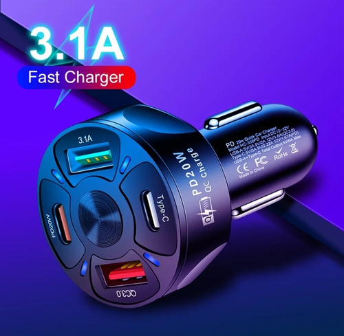 Imagen 3 de 5 de Cargador Rápido 30 W De Auto / 3,1 A / 4 Puertos / Usb Y C