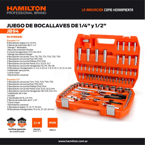 Juego Bocallaves Hamilton 94 Piezas Garantía Por Vida Jb94