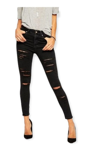 Pantalon Jeans Elastizado Negro Roto En La Rodilla Tiro Alto