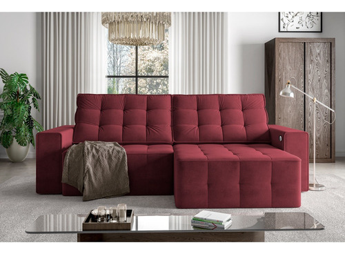 Sofá Retrátil Com Usb 254cm Elliot Suede Bordô - Gran Belo