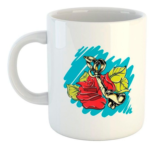 Taza De Ceramica Llave Con Flores Rojas