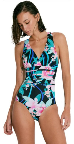 Traje De Baño Flores Control Abdomen Faja Xs/xxl Seca Rapido