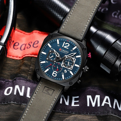 Relojes de cuarzo de cuero de lujo Curren para hombre 8398 con fondo azul