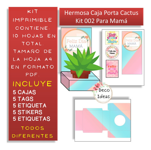 Kit Imprimible 02 Portamacetas Dia De La Madre Cactus + Tag