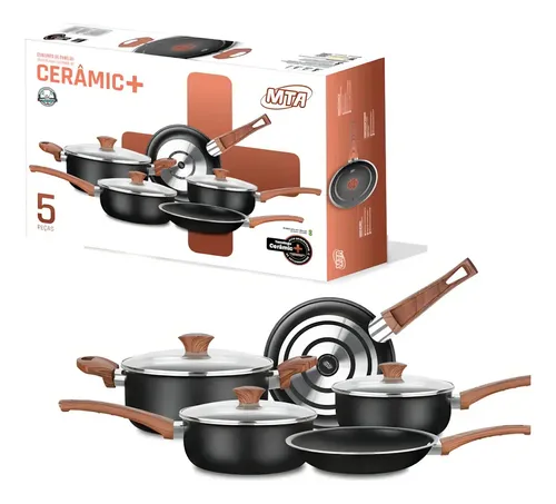 CONJUNTO DE 5 PANELAS ANTIADERENTE MTA+ CERAMIC PRETA COR PRETO