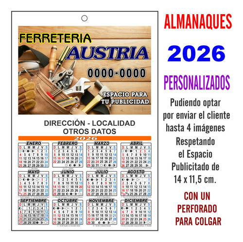 Almanaques 2026 Personalizados +1 Perforado Colgar 200 Udad Almanaques Personalizados Impresos Full Color