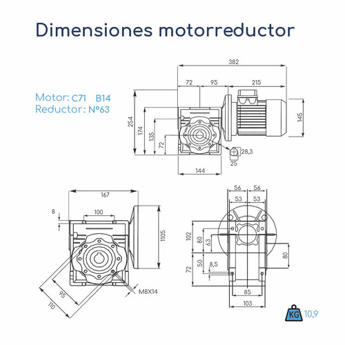 Motorreductor Trifásico 0,5hp Caja 63 1:80 19rpm 119n.m