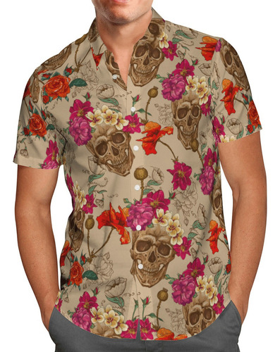 Camisa Hawaiana Con Calavera Floral Marrón Tl09 Ou