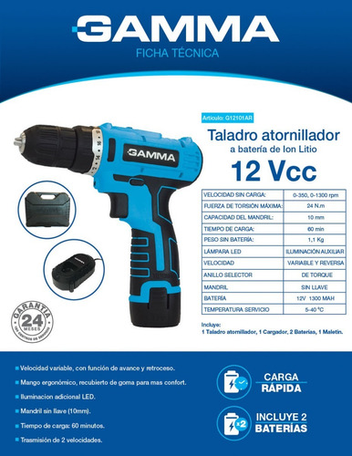 Imagen 3 de 10 de Taladro Atornillador Gamma 10mm 12 Volt 2 Baterias + Regalos