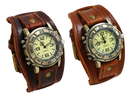 2pcs Reloj De Pulsera Masculina Banda De Reloj De Cuero Punk