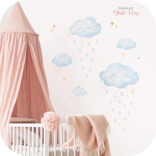 Vinilo Decorativo Infantil Pared Nubes Felices En Acuarela