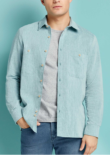 Camisa Casual Ferrato Para Hombre Manga Larga Verde