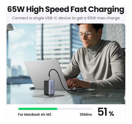 Ugreen Cargador De Pared Nexode, 65w, 2x Usb-c 1x Usb-a