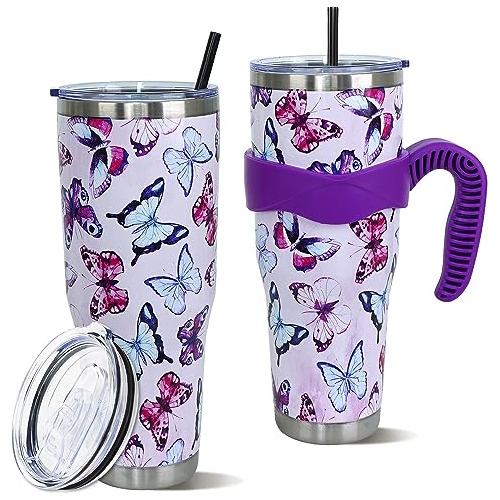 Heqianco 40 Oz Tumbler Con Mango Y Mariposa De Paja Hcwfx