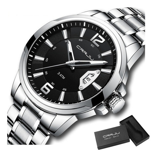 Reloj De Acero Inoxidable Crrju Casual Calendar Business Par Color Del Fondo Silver Black