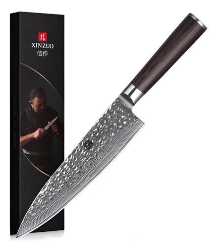 Cuchillo Xinzuo Acero Damasco Japonés 8 Pulgadas Premium Color Marrón Oscuro