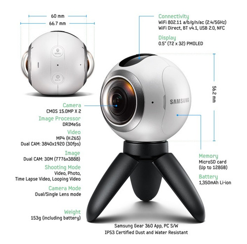 Camera Filmadora 360 Graus Samsung Gear 360º Sm C-200