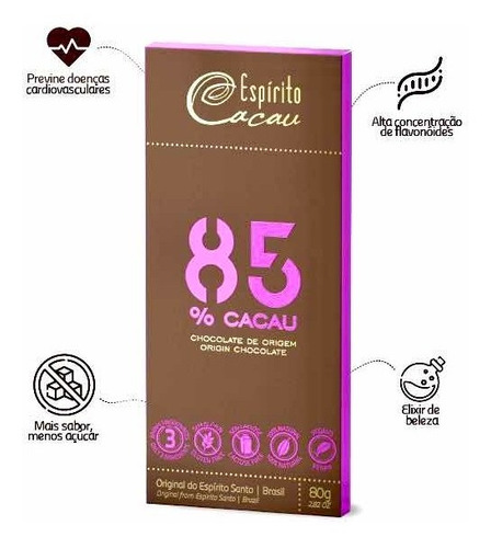 Chocolate 85% Cacau Espírito Cacau 80g Vegano Orgânico